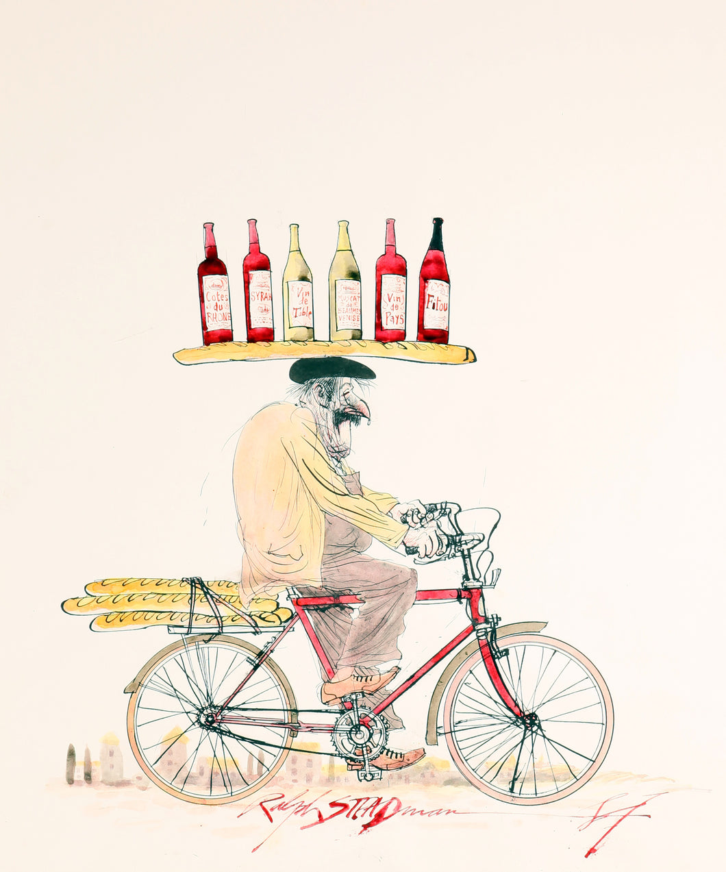 Ralph Steadman Frenchman on a Bike Wine Print